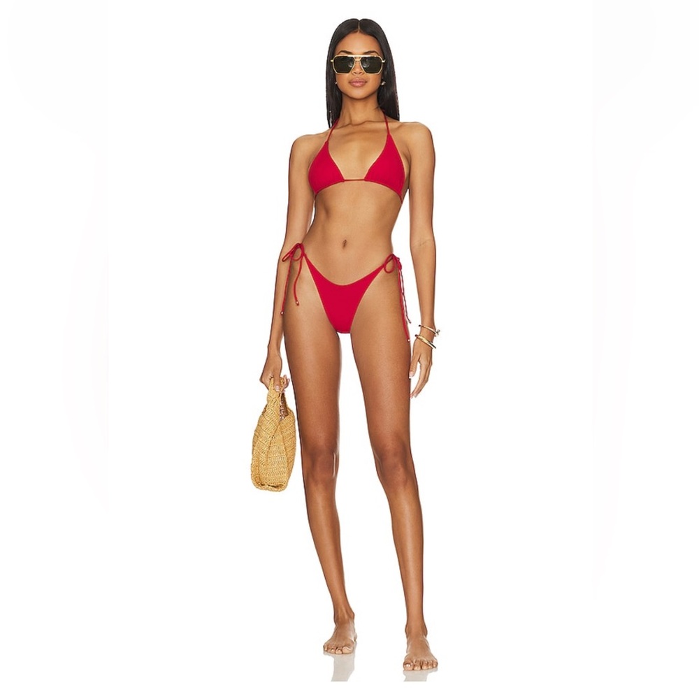 INDAH Skylar Triangle Bikini Top Playa Side Tie Bikini Bottom in Red Retail $176